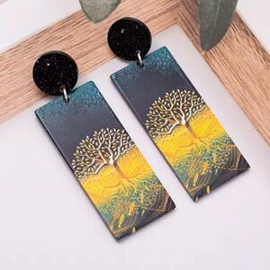 Print Gold Color Tree Of Life Acrylic Vintage Earrings